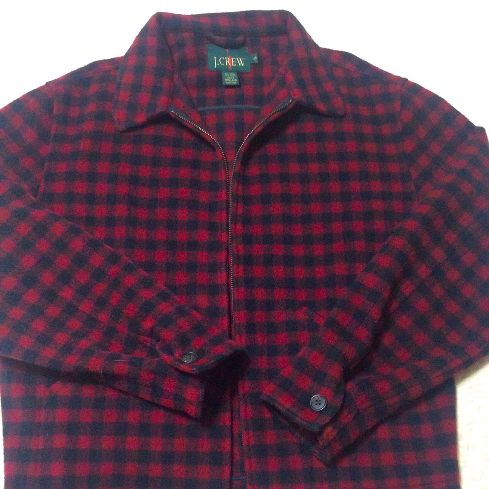J Crew Vintage 1990s Mackinaw Black Red Checked Wool Zip Lumberjack Jacket